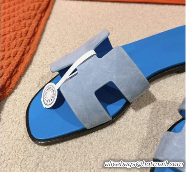 Good Quality Hermes Classic Oran Flat Slide Sandals in Suede Blue 104003