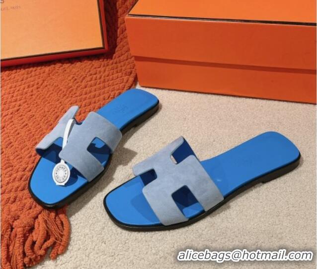 Good Quality Hermes Classic Oran Flat Slide Sandals in Suede Blue 104003