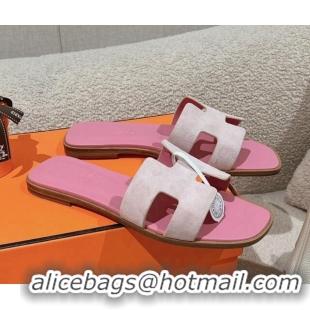 Best Product Hermes Classic Oran Flat Slide Sandals in Suede Pink 104004