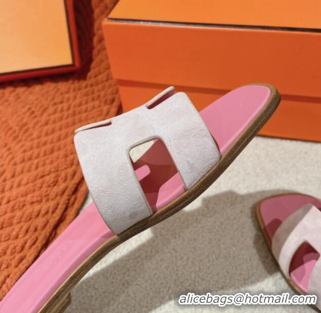 Best Product Hermes Classic Oran Flat Slide Sandals in Suede Pink 104004