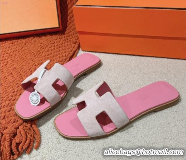 Best Product Hermes Classic Oran Flat Slide Sandals in Suede Pink 104004