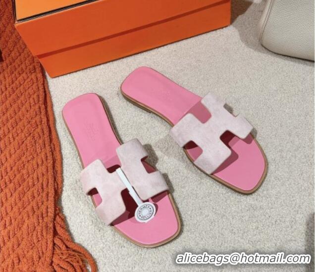 Best Product Hermes Classic Oran Flat Slide Sandals in Suede Pink 104004