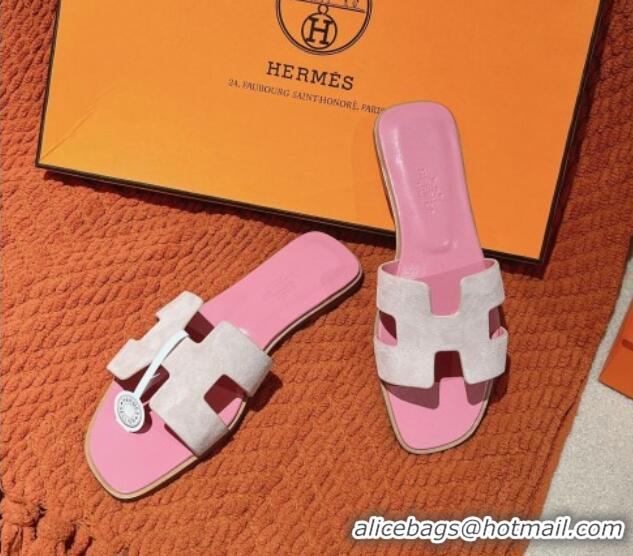 Best Product Hermes Classic Oran Flat Slide Sandals in Suede Pink 104004