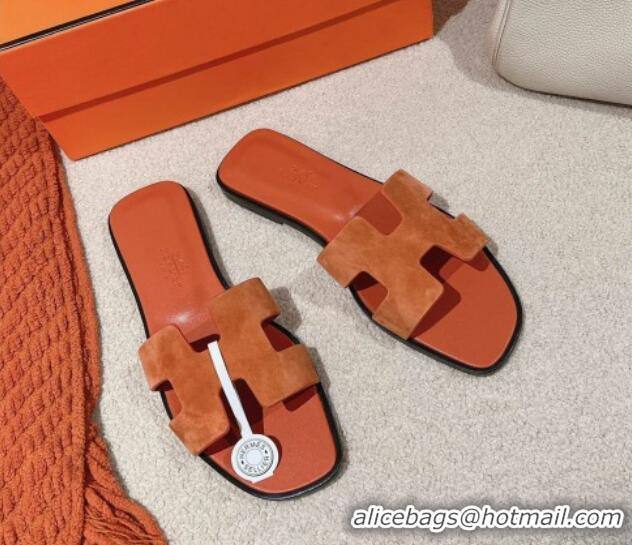 Top Design Hermes Classic Oran Flat Slide Sandals in Suede Brown 0104005