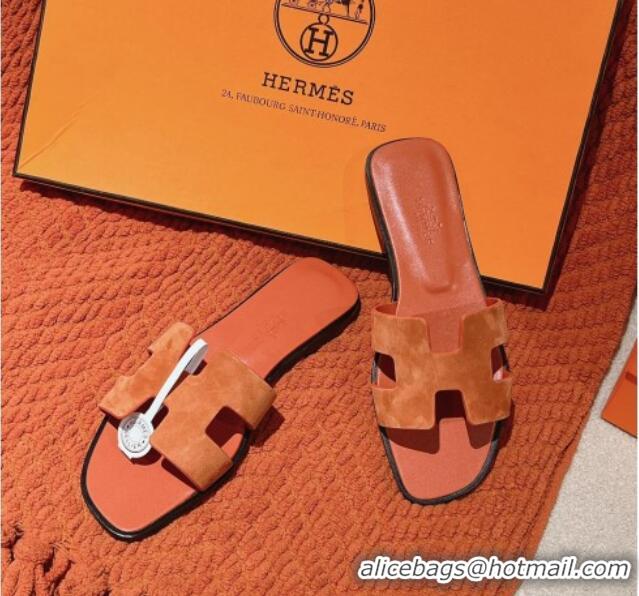 Top Design Hermes Classic Oran Flat Slide Sandals in Suede Brown 0104005