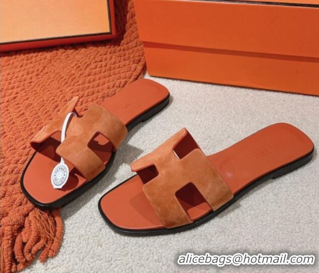 Top Design Hermes Classic Oran Flat Slide Sandals in Suede Brown 0104005