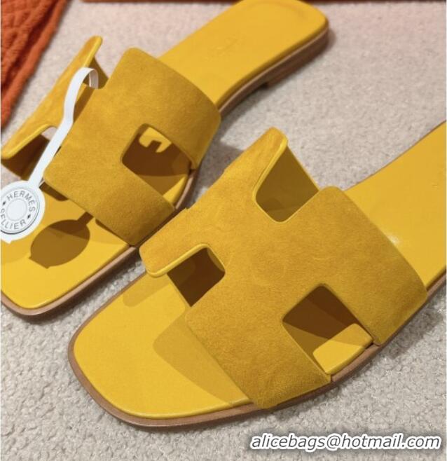 Low Cost Hermes Classic Oran Flat Slide Sandals in Suede Yellow 104006