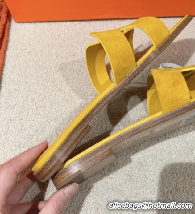 Low Cost Hermes Classic Oran Flat Slide Sandals in Suede Yellow 104006