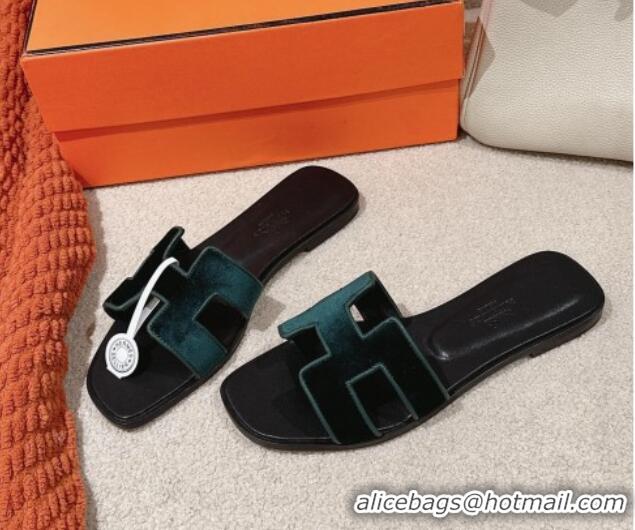 Grade Quality Hermes Classic Oran Flat Slide Sandals in Velvet Dark Green 104007