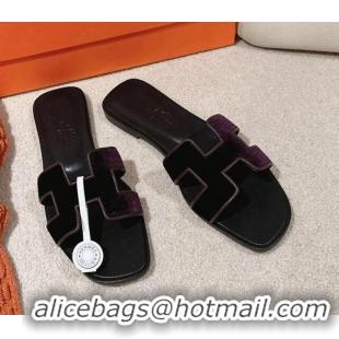 Best Grade Hermes Classic Oran Flat Slide Sandals in Velvet Purple 0104008