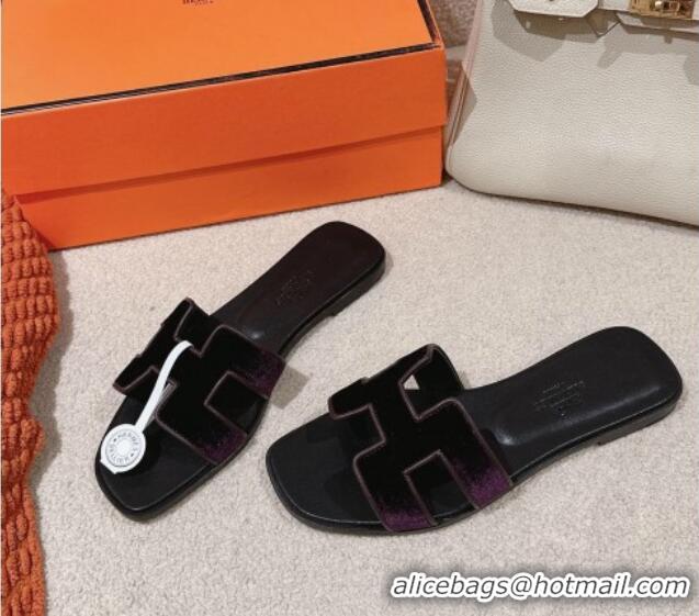 Best Grade Hermes Classic Oran Flat Slide Sandals in Velvet Purple 0104008