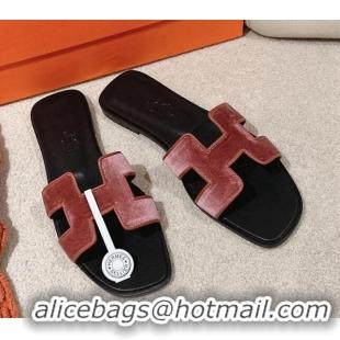 Pretty Style Hermes Classic Oran Flat Slide Sandals in Velvet Rose Wood Pink 0104009