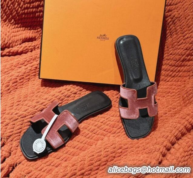 Pretty Style Hermes Classic Oran Flat Slide Sandals in Velvet Rose Wood Pink 0104009