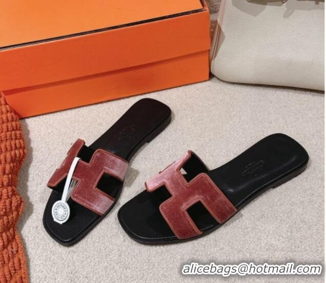 Pretty Style Hermes Classic Oran Flat Slide Sandals in Velvet Rose Wood Pink 0104009