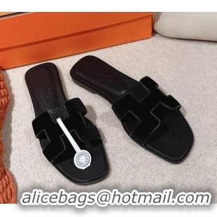 Best Product Hermes Classic Oran Flat Slide Sandals in Velvet Black 0104010