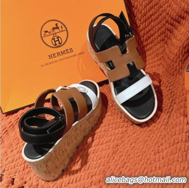 Top Grade Hermes Havane 30 Platform Sandals 5.5cm in Calfskin Brown/White 0104015