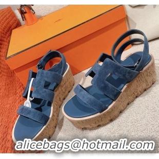 Good Quality Hermes Havane 30 Platform Sandals 5.5cm in Suede Blue 104019