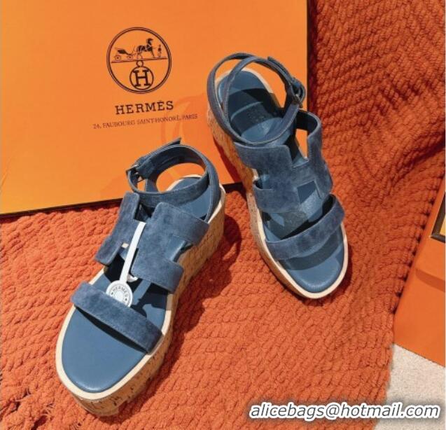 Good Quality Hermes Havane 30 Platform Sandals 5.5cm in Suede Blue 104019