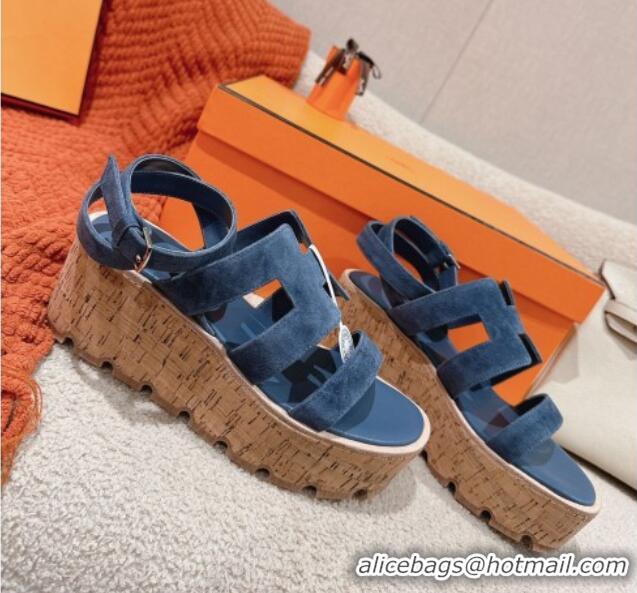 Good Quality Hermes Havane 30 Platform Sandals 5.5cm in Suede Blue 104019