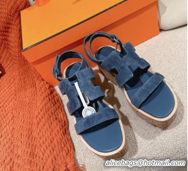 Good Quality Hermes Havane 30 Platform Sandals 5.5cm in Suede Blue 104019