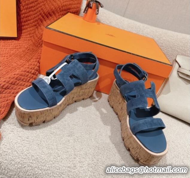 Good Quality Hermes Havane 30 Platform Sandals 5.5cm in Suede Blue 104019