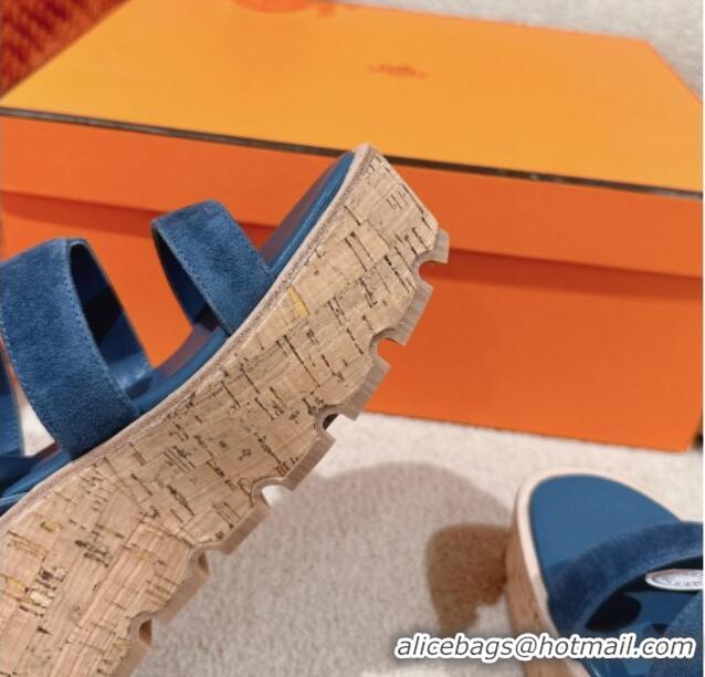 Good Quality Hermes Havane 30 Platform Sandals 5.5cm in Suede Blue 104019