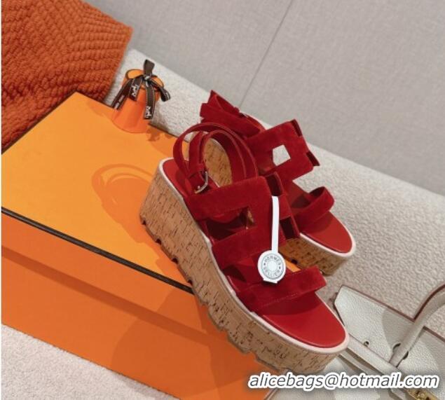 Durable Hermes Havane 30 Platform Sandals 5.5cm in Suede Red 0104020