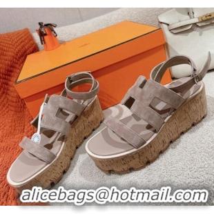 Duplicate Hermes Havane 30 Platform Sandals 5.5cm in Suede Grey 0104021