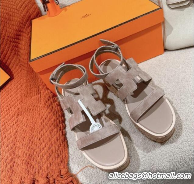 Duplicate Hermes Havane 30 Platform Sandals 5.5cm in Suede Grey 0104021