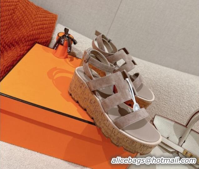 Duplicate Hermes Havane 30 Platform Sandals 5.5cm in Suede Grey 0104021