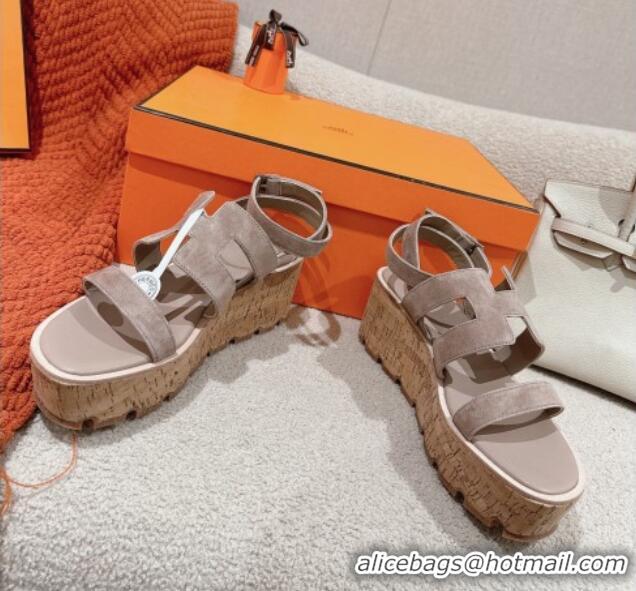 Duplicate Hermes Havane 30 Platform Sandals 5.5cm in Suede Grey 0104021