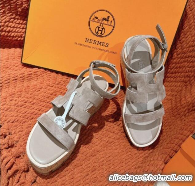 Duplicate Hermes Havane 30 Platform Sandals 5.5cm in Suede Grey 0104021