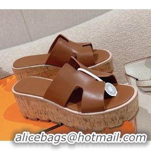 Perfect Hermes Eze 30 Platform Slide Sandals in Calfskin Brown 0104023