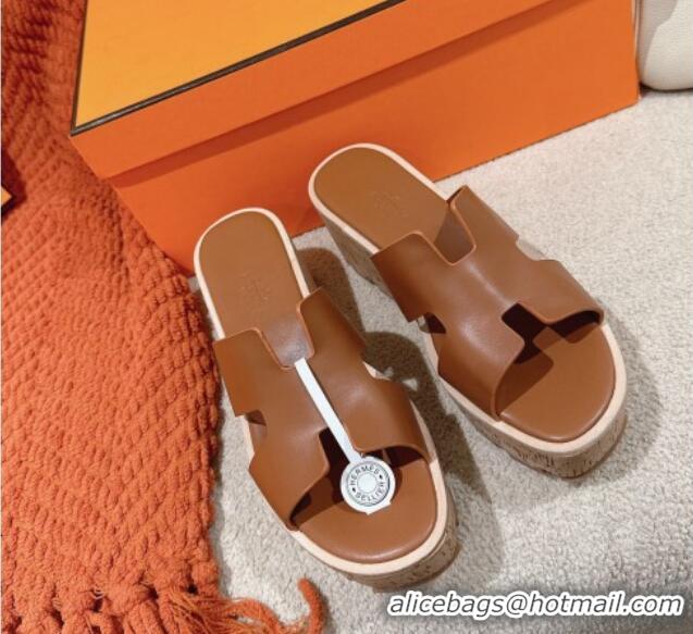 Perfect Hermes Eze 30 Platform Slide Sandals in Calfskin Brown 0104023