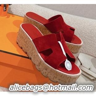 Top Grade Hermes Eze 30 Platform Slide Sandals in Suede Red 0104024