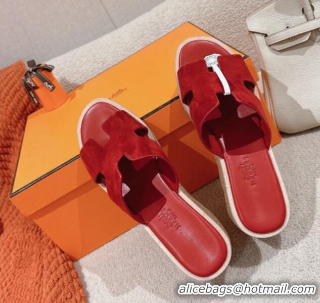 Top Grade Hermes Eze 30 Platform Slide Sandals in Suede Red 0104024