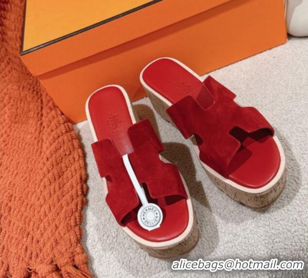 Top Grade Hermes Eze 30 Platform Slide Sandals in Suede Red 0104024