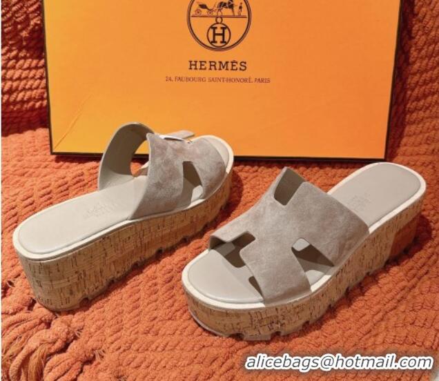 Purchase Hermes Eze 30 Platform Slide Sandals in Suede Grey 0104027