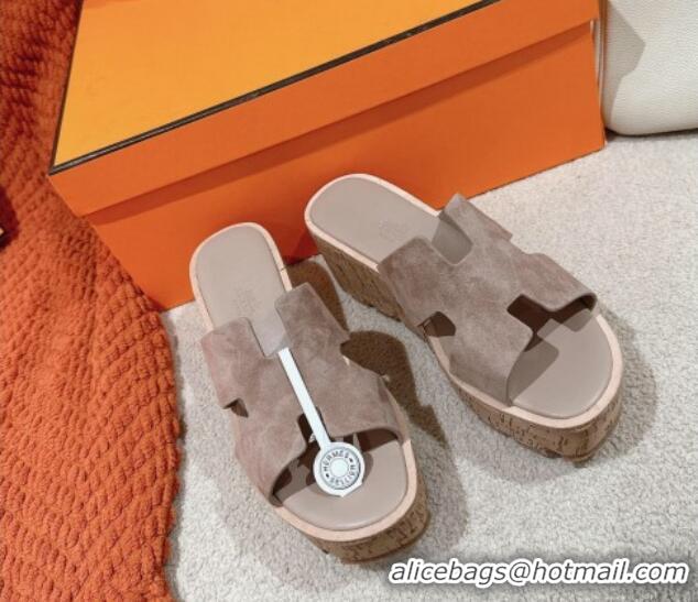 Purchase Hermes Eze 30 Platform Slide Sandals in Suede Grey 0104027