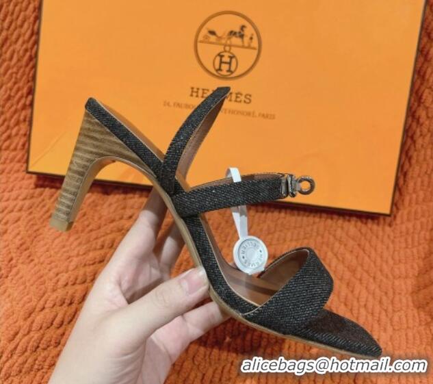 Low Price Hermes Glamour Denim Heel Sandals 7.5cm Black 0104029