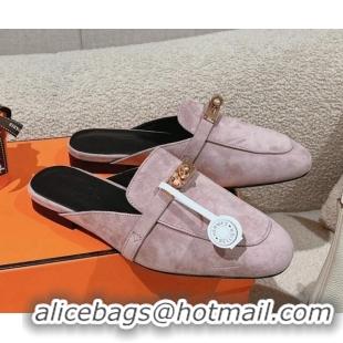 Luxury Hermes Oz Flat Mules in Suede Purple Grey 0104030