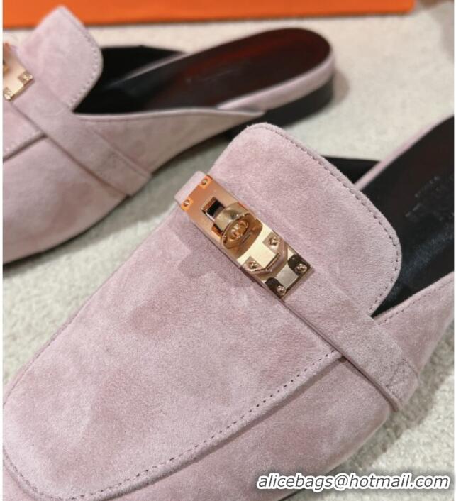 Luxury Hermes Oz Flat Mules in Suede Purple Grey 0104030