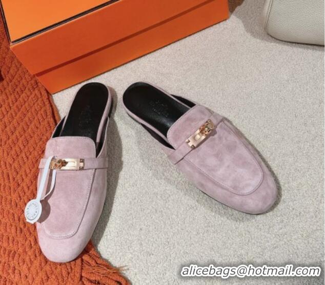 Luxury Hermes Oz Flat Mules in Suede Purple Grey 0104030