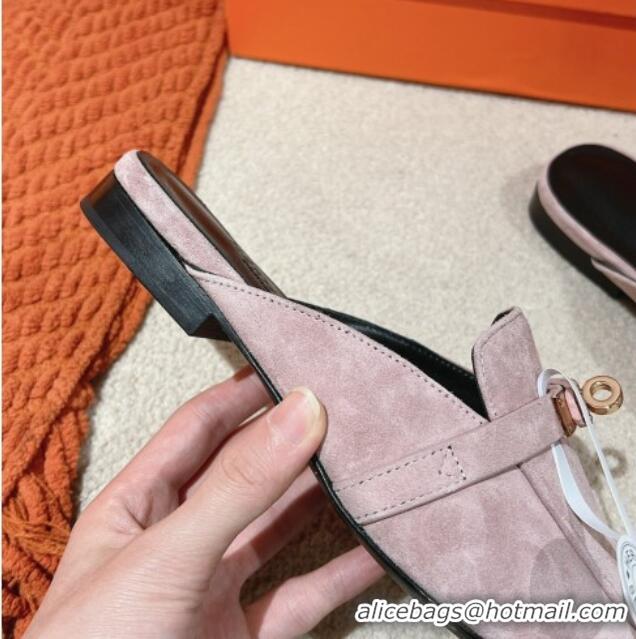 Luxury Hermes Oz Flat Mules in Suede Purple Grey 0104030