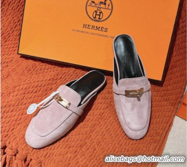 Luxury Hermes Oz Flat Mules in Suede Purple Grey 0104030