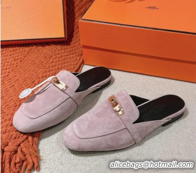 Luxury Hermes Oz Flat Mules in Suede Purple Grey 0104030