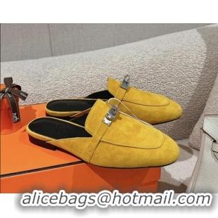 Pretty Style Hermes Oz Flat Mules in Suede Yellow 0104032