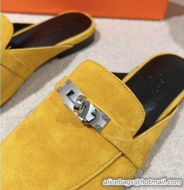 Pretty Style Hermes Oz Flat Mules in Suede Yellow 0104032