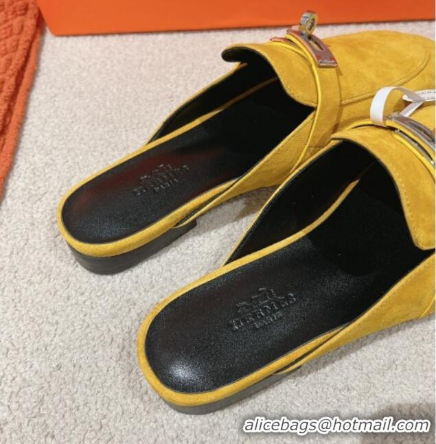 Pretty Style Hermes Oz Flat Mules in Suede Yellow 0104032