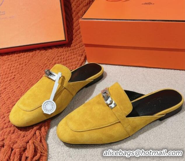 Pretty Style Hermes Oz Flat Mules in Suede Yellow 0104032